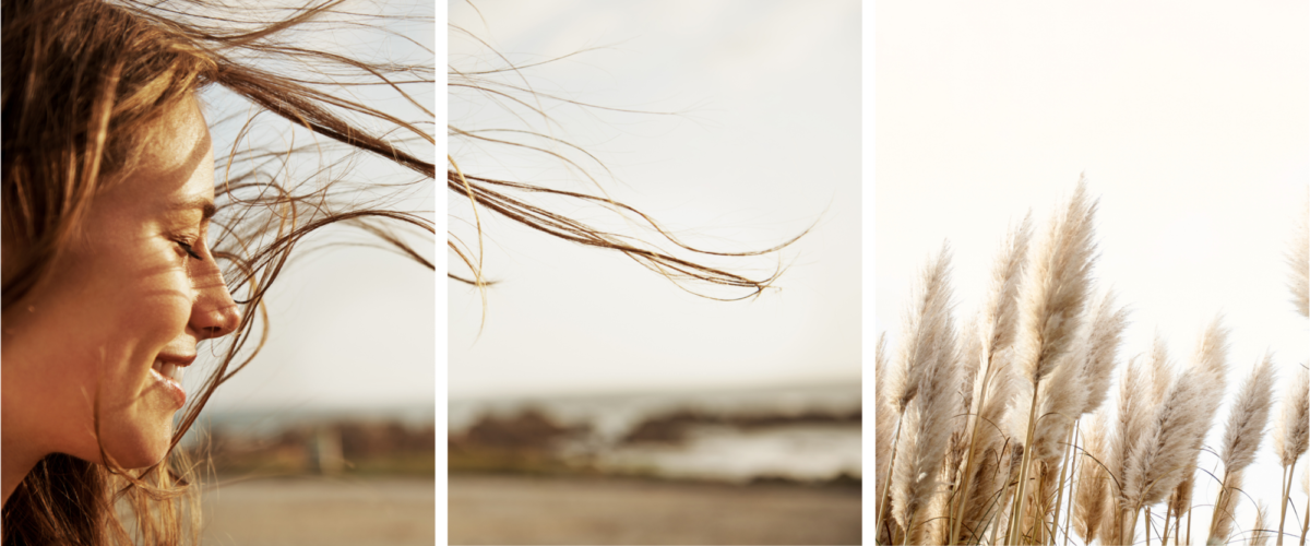ro og balanse i naturen. 2. Hår som blåser i vinden – symbol på å gi slipp, puste og kjenne på øyeblikket. 3. Myke strå som danser i vinden ved havet – naturens ro og bevegelse i perfekt balanse.