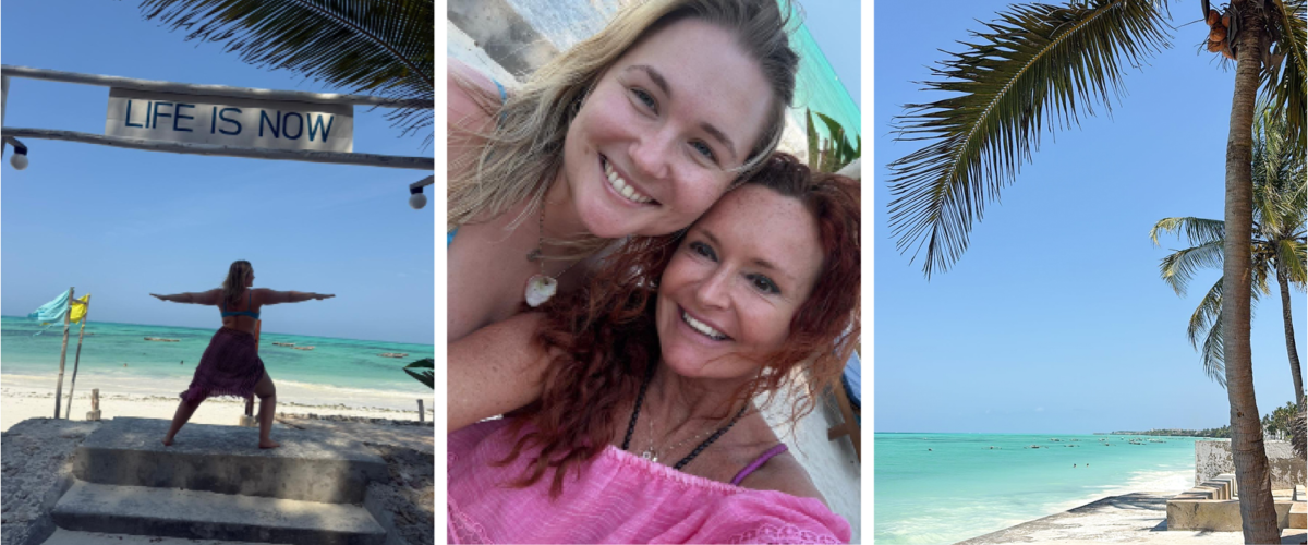 Deltakere på treningsreise til Zanzibar med Vilja foran turkis hav og palmestrand