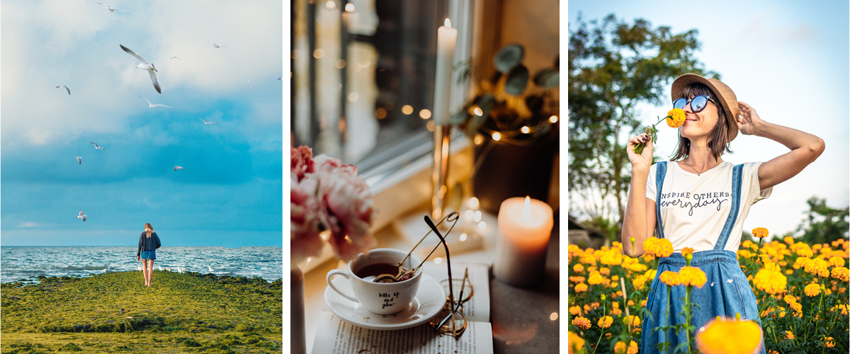 1.Kvinne på grønn plen mot havet, blå himmel med hvite skyer og måker. 2.Stemningsbilde med tekopp, tent stearinlys og rosa og hvite blomster. 3.Kvinne med solbriller og hatt, ser opp og lukter på en gul blomst. Står i eng med mange gule blomster.