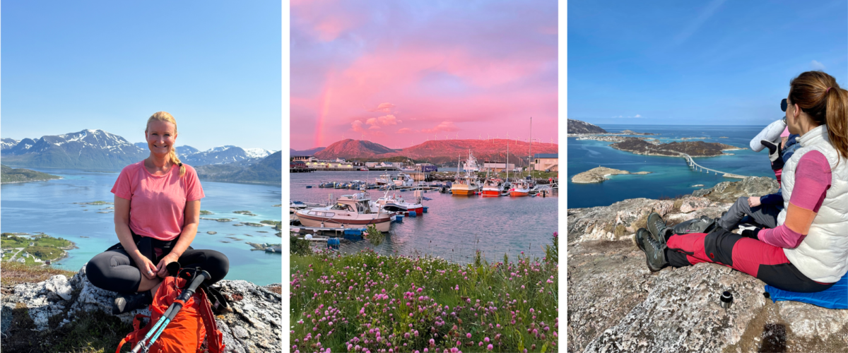 3 foto, fra venstre: Blond kvinne i rosa t-skjorte med havet i bakgrunnen på Sommarøy. Solnedgang, blomster og båthavn,