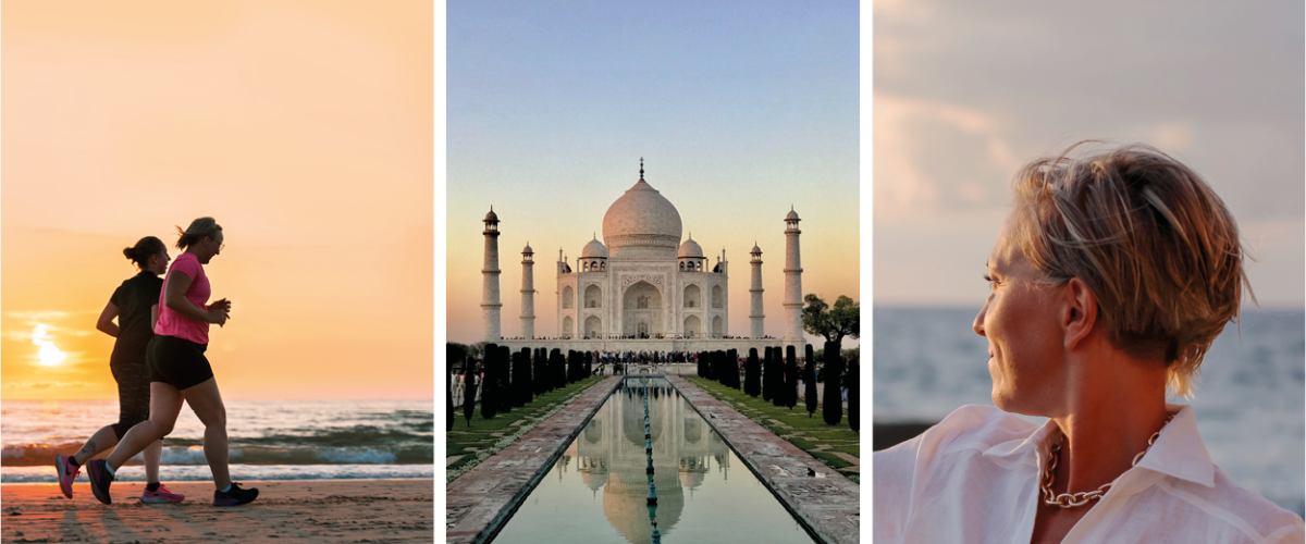 Bildecollage. Bilde 1: 2 damer som jogger på stranden i solnedgang. Bilde 2: Taj Mahal i India Bilde 3: Dame som speider ut mot havet. Lykkelig.