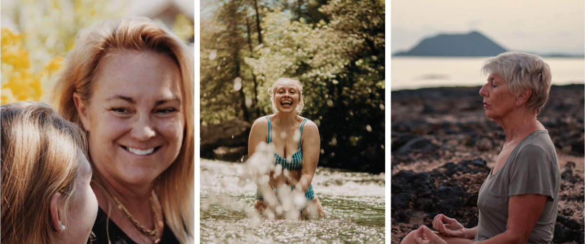 Collage. Bilde 1: 2 kvinner som snakker sammen. Bilde 2: Blond og smilende kvinne som bader i en elv. Bilde 3: En eldre kvinne som mediterer.