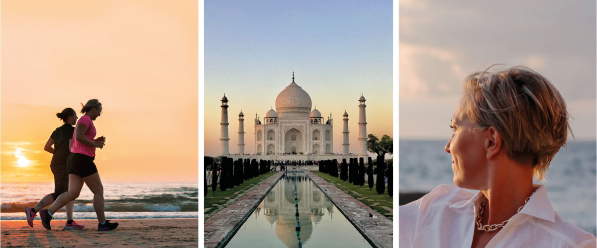 Bildecollage. Bilde 1: 2 damer som jogger på stranden i solnedgang. Bilde 2: Taj Mahal i India Bilde 3: Dame som speider ut mot havet. Lykkelig.