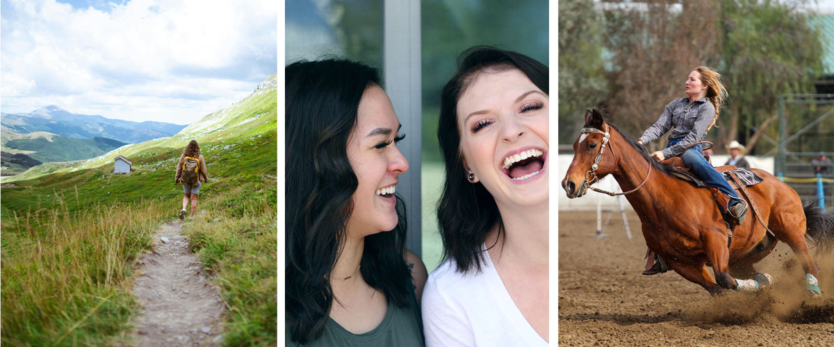Collage bilde 1: jente som går tur i grønt høyfjell. Bilde 2: to venninner med sort hår som ler mot hverandre. Bilde 3: blond kvinne som rir rodeo på en araber-hest i kastanjefarge.