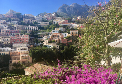 <p>Rosa blomster og Italiensk landsby med hus som er bygget oppover fjellene</p>