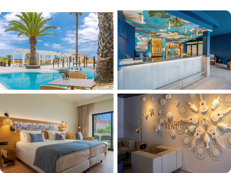 <p>Firedelt bilde fra Hotel Sentido Galosol på Madeira i Portugal. Viser basseng med palmer og havutsikt, en maritim bar i blått og blomstret dekor, hotellrom i lyse farger med twin bed og et rom med firkantede lenestoler og hvitmalte ukuleler og blomster som 3D dekor på veggen. Foto.</p>