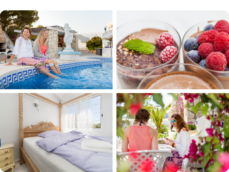 <p>4 bilder fra Villa Dorothea i Orxeta i Spania. 2 damer ved basseng, sjokolademousse og bær, elegant seng, med lilla sengetøy. 2 kvinner som spiser lunsj ute, innrammet av hageblomster</p>