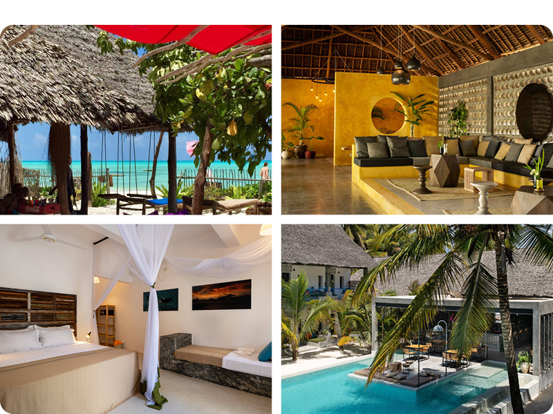 <p>4 foto fra Casa Beach hotell i Zanzibar. Utsikt over have fra bar, lounge med gule go brune detaljer. Soverom og basseng</p>